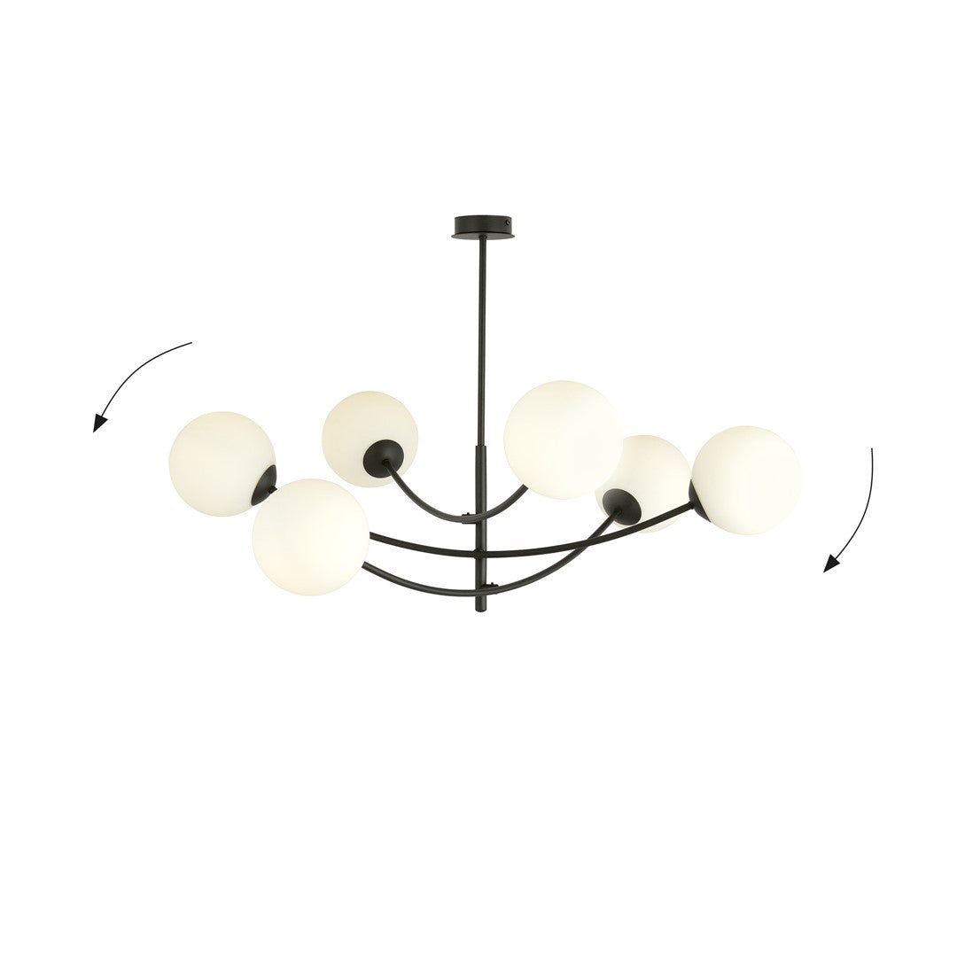 Plafondlamp gepoedercoat staal en glas Hunter 6 lichtpunten, modern, zwart met wit glas – 89 x 63 cm