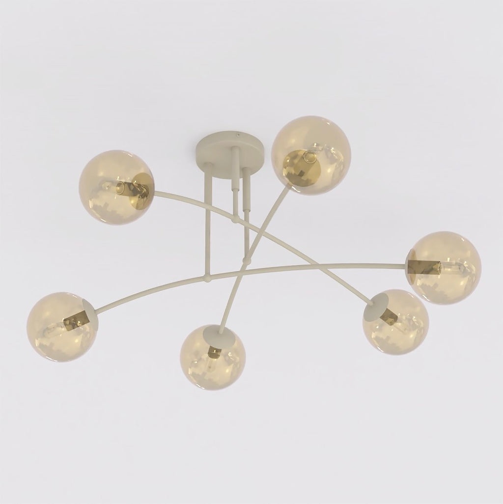 Plafondlamp gepoedercoat staal modern Pregos beige met amberkleurig glas, 6 lichtpunten E14 – 70 x 60 cm