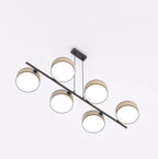 Hanglamp rotan gepoedercoat staal Japandi Drumz 6 lichts, zwart en naturel, hoogte verstelbaar, eettafel