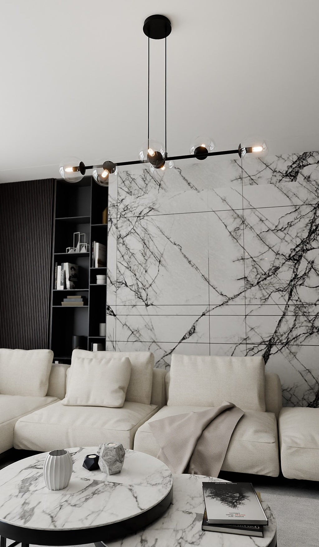 Hanglamp Rossi staal en glas, modern, zwart met transparante kappen, 110 x 100 cm, 6 lichtpunten, eettafel en zithoek