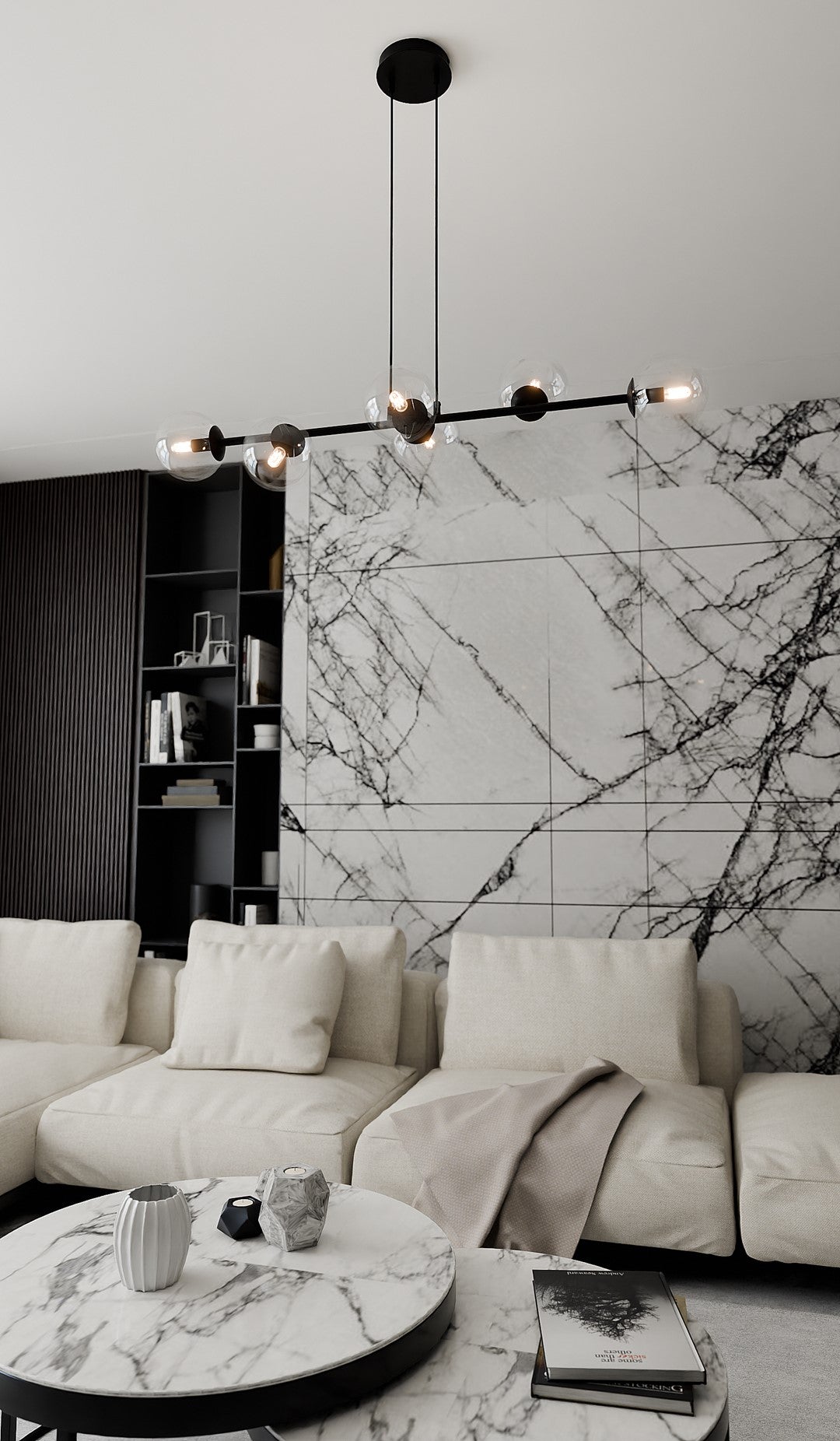 Hanglamp Rossi staal en glas, modern, zwart met transparante kappen, 110 x 100 cm, 6 lichtpunten, eettafel en zithoek