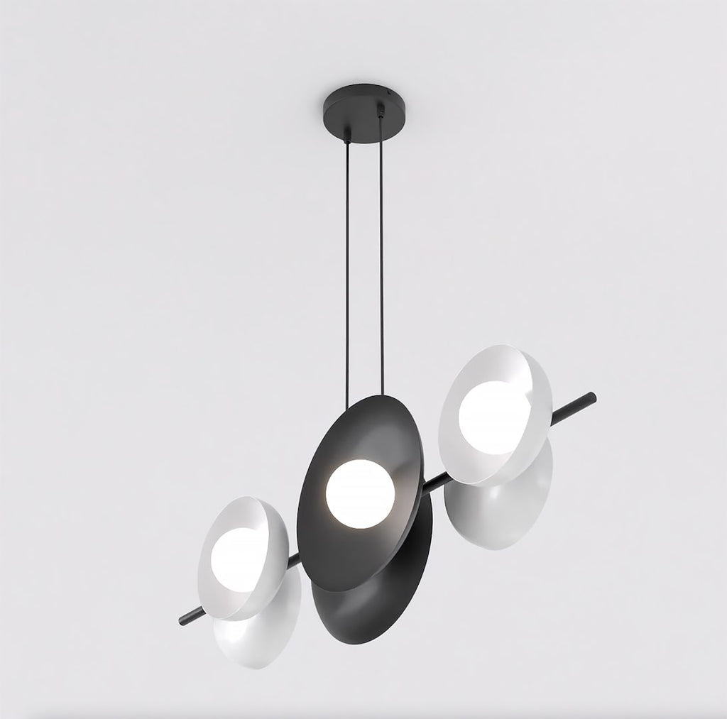 Hanglamp gepoedercoat staal minimalistisch zwart met witte kappen, 6 lichtpunten, 100 x 23 cm, eettafel en keukeneiland