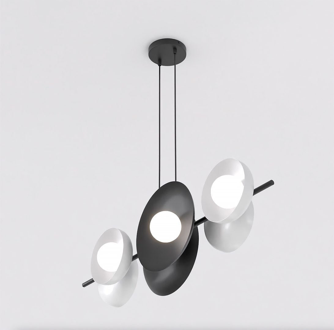 Hanglamp gepoedercoat staal minimalistisch zwart met witte kappen, 6 lichtpunten, 100 x 23 cm, eettafel en keukeneiland