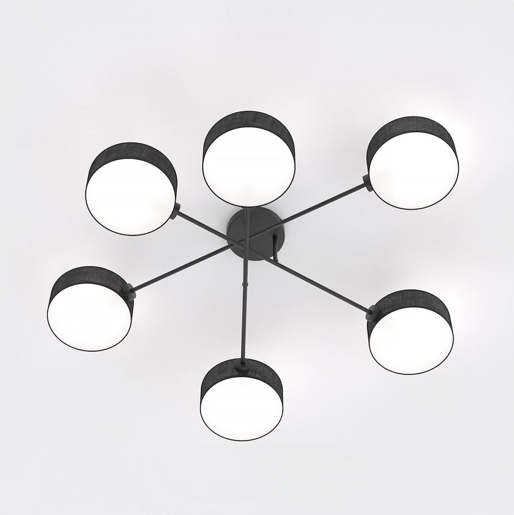 Plafondlamp gepoedercoat staal Japandi zwart met 6 lampenkappen, 105 x 105 x 22 cm, woonkamer en eetkamer