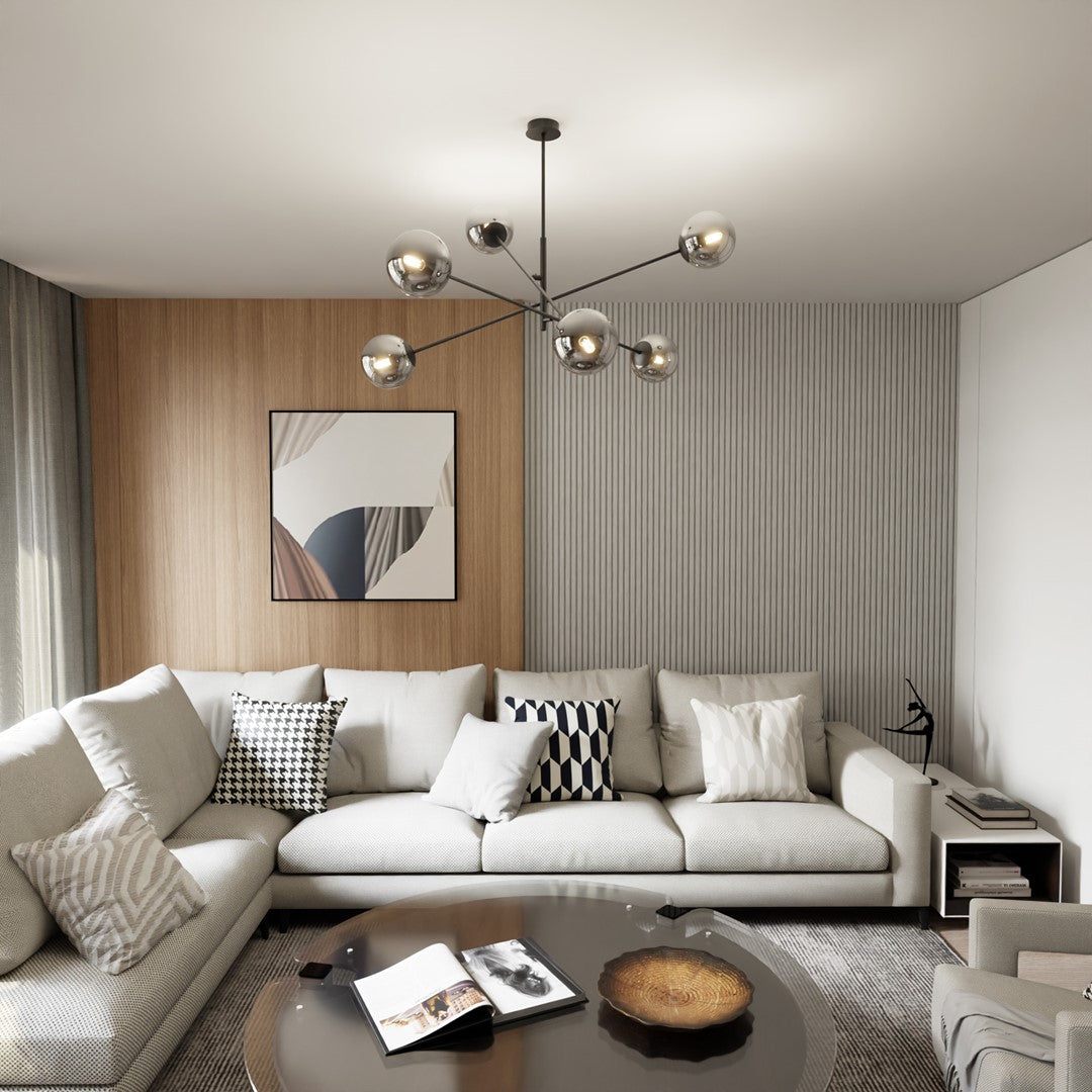 Hanglamp gepoedercoat staal en glas Linear zwart met grafiet kappen, 6 lichts, 102 x 51 cm, eettafel
