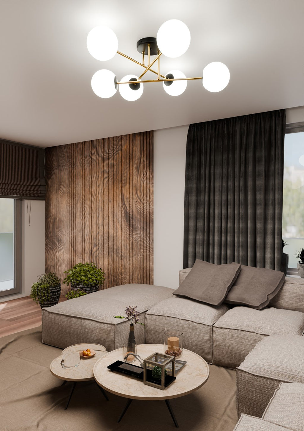 Plafondlamp 6 lichts glas en gepoedercoat staal, glamour zwart en goud met witte kappen, 75 cm breed