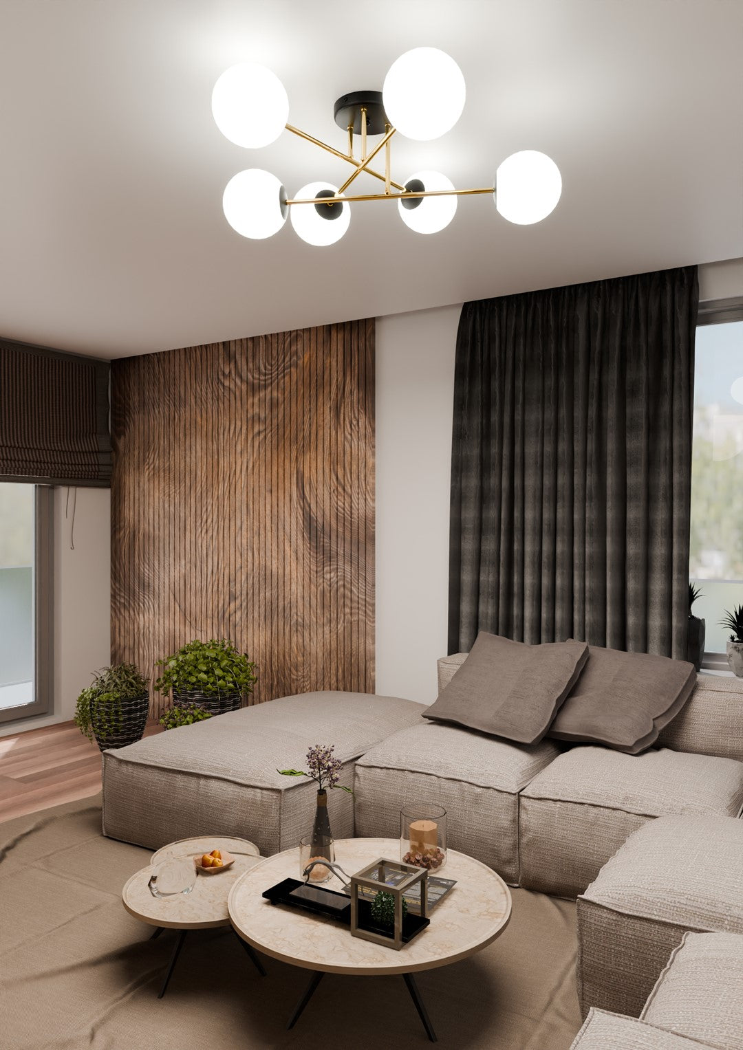 Plafondlamp 6 lichts glas en gepoedercoat staal, glamour zwart en goud met witte kappen, 75 cm breed