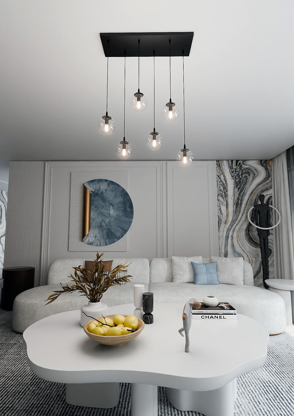 Hanglamp gepoedercoat staal en glas, modern Cosmo, zwart met transparante kappen, 6 lichts, 65 x 120 cm