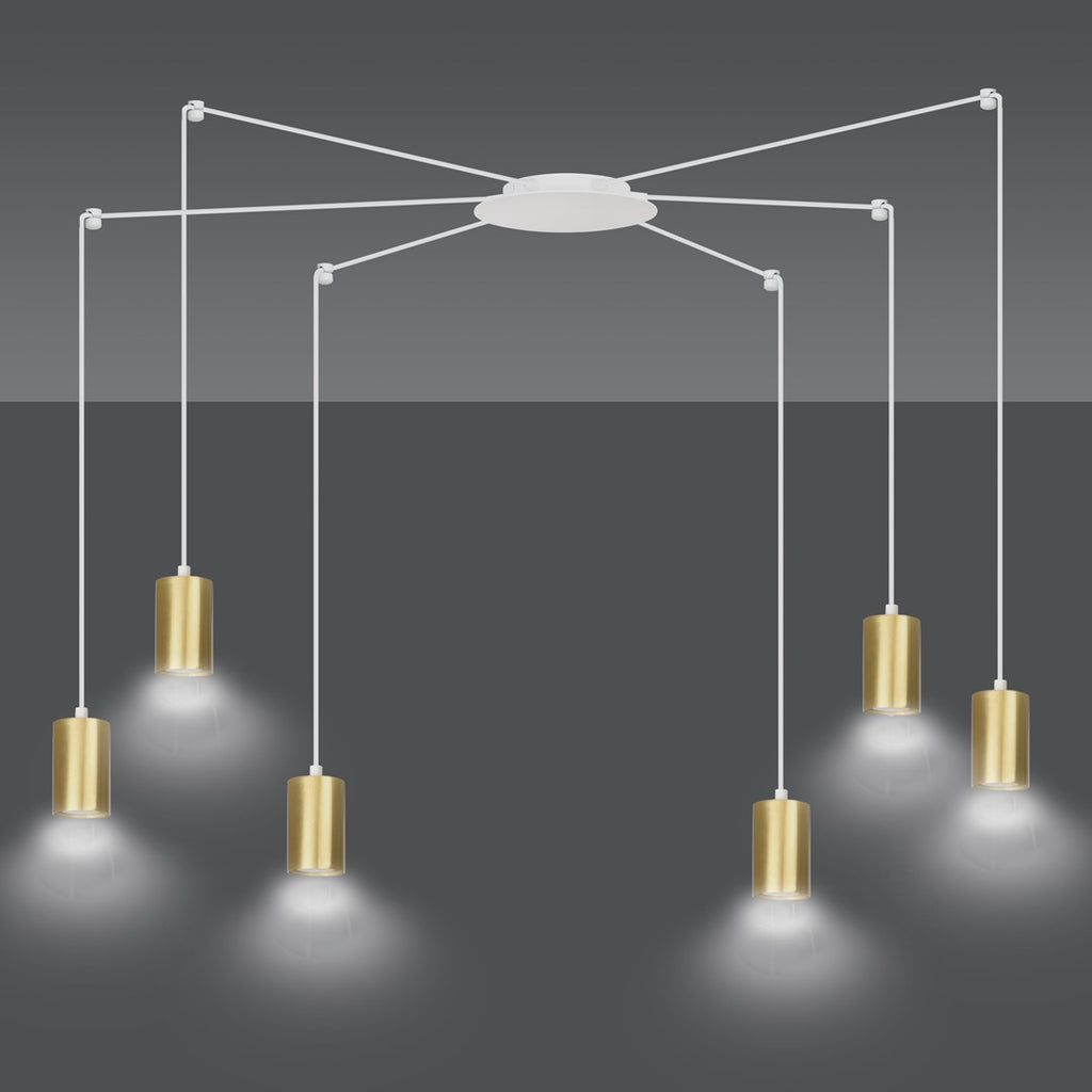 Hanglamp gepoedercoat staal Traker 6 lichts, wit met goud, modern, 6 GU10-fittingen, verstelbare hoogte
