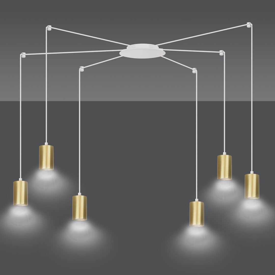 Hanglamp gepoedercoat staal Traker 6 lichts, wit met goud, modern, 6 GU10-fittingen, verstelbare hoogte