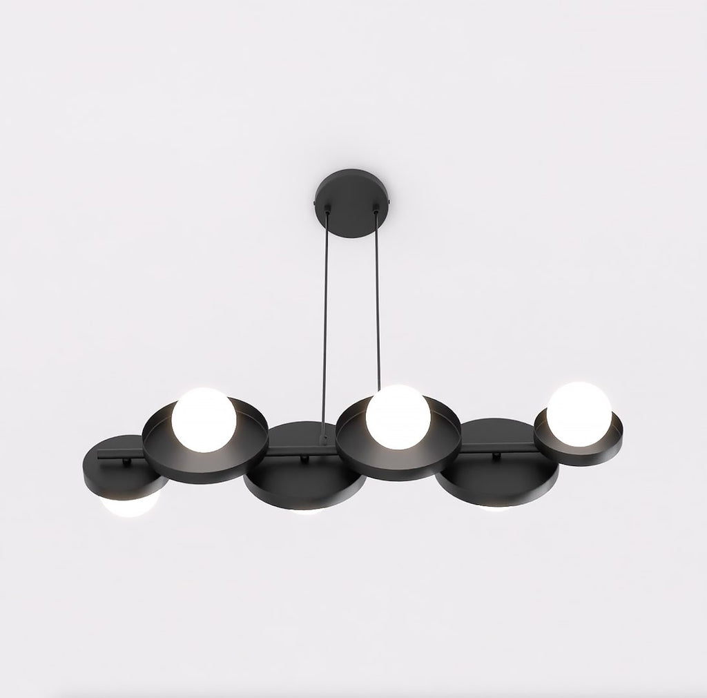 Hanglamp gepoedercoat staal minimalistisch Model 6 zwart met witte kappen, 6 x G9, 85 x 23 cm, eettafel
