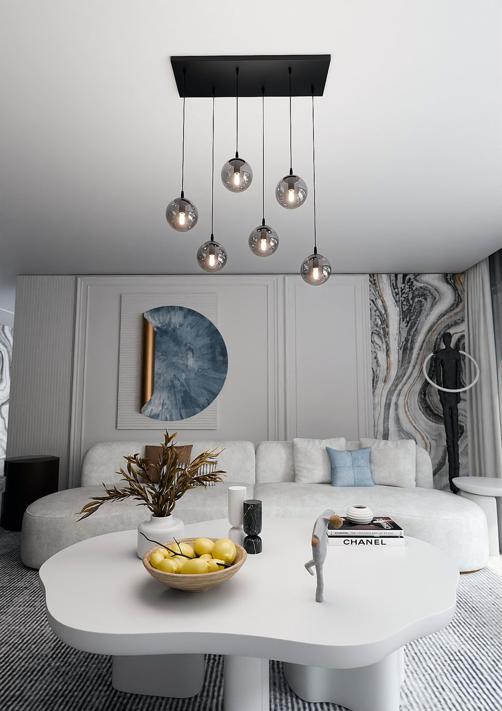 Hanglamp 6 lichts gepoedercoat staal en glas, Cosmo modern, zwart met grafiet kappen, verstelbaar, eettafel