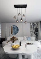 Hanglamp 6 lichts gepoedercoat staal en glas, Cosmo modern, zwart met grafiet kappen, verstelbaar, eettafel