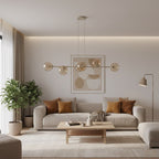 Hanglamp gepoedercoat staal en glas Magnus, beige met amber glas, breedte 110 cm, 6 fittingen E14