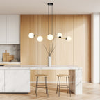 Hanglamp gepoedercoat staal en glas Gravity, zwart met goud en witte glazen kappen, 6 lichts, 110 cm breed