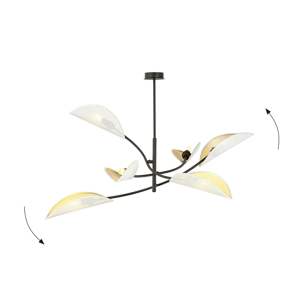 Plafondlamp 6 lichts gepoedercoat staal Lotus, zwart met wit en goud – 102 x 51 cm, woonkamer en slaapkamer