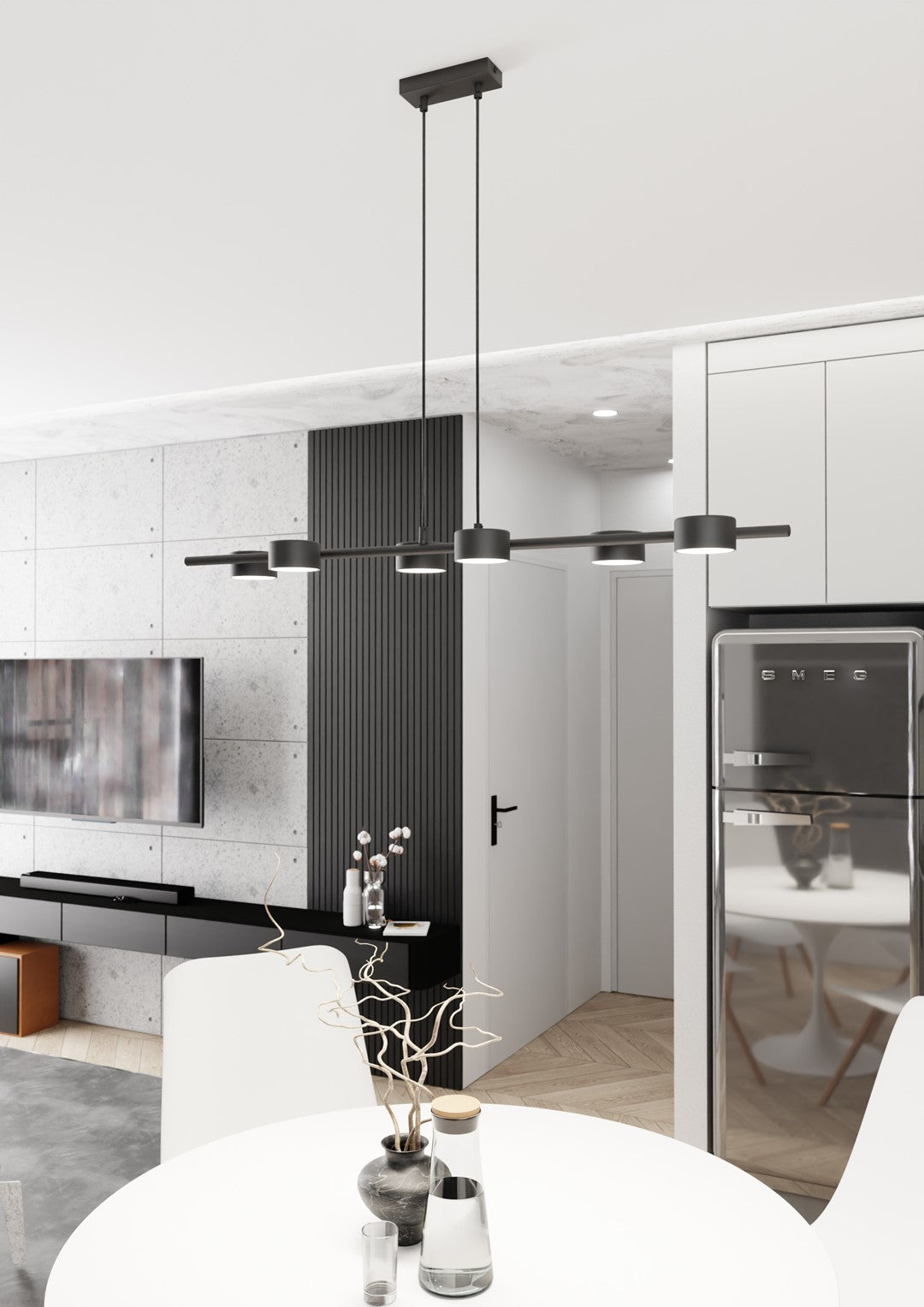 Hanglamp gepoedercoat staal Sora modern zwart 100 x 19 cm, 6 lichts, hoogte verstelbaar voor eettafel