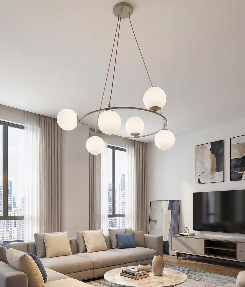 Hanglamp gepoedercoat staal en glas Azura, beige met witte glazen kappen, 6 lichtpunten, Ø 75 cm, glamour