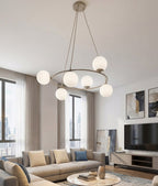 Hanglamp gepoedercoat staal en glas Azura, beige met witte glazen kappen, 6 lichtpunten, Ø 75 cm, glamour