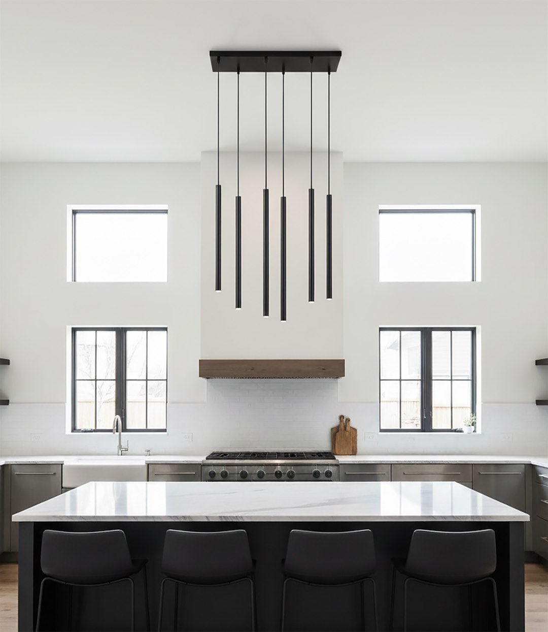 Hanglamp staal minimalistisch Selter 6 zwart, 6 lichtpunten G9 – 59 x 120 cm, woonkamer en eetkamer