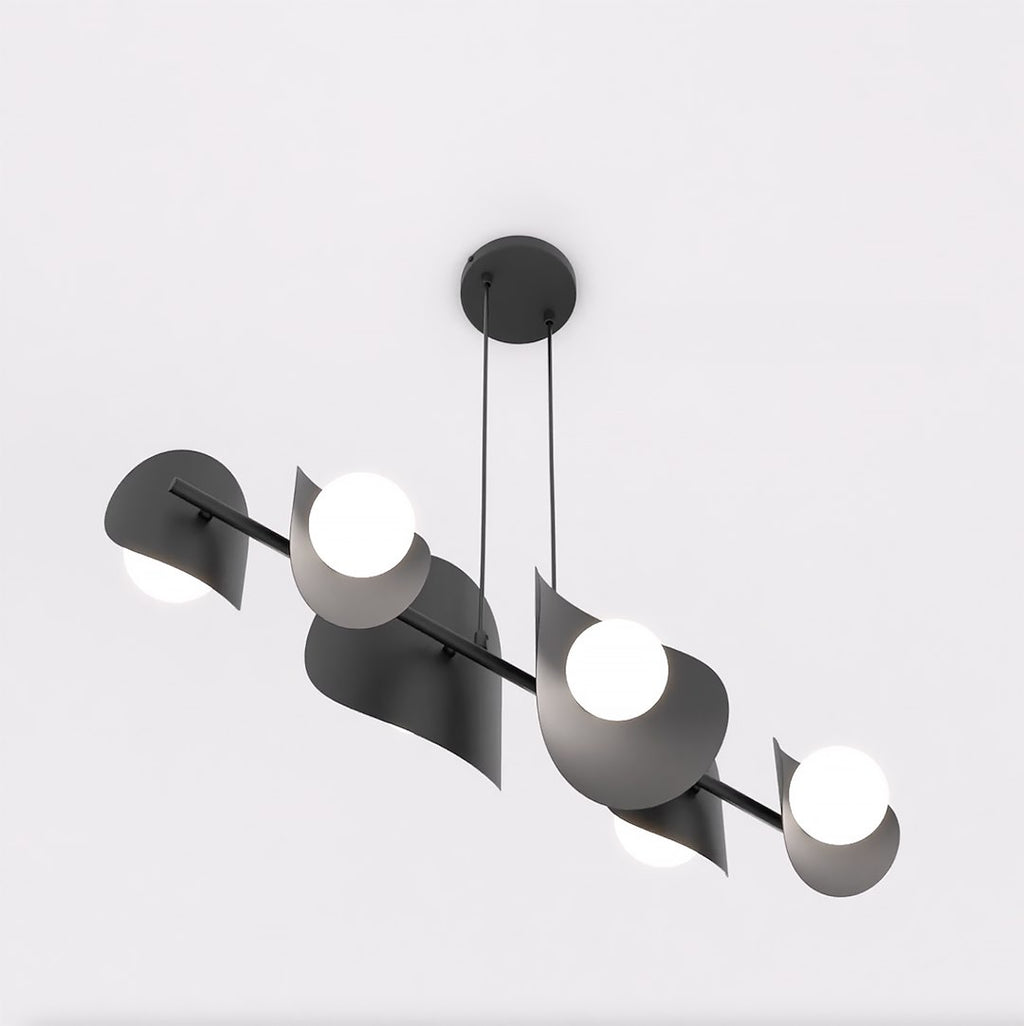 Hanglamp gepoedercoat staal modern zwart met 6 witte kapjes, 87 x 23 x 120 cm, boven eettafel of kookeiland