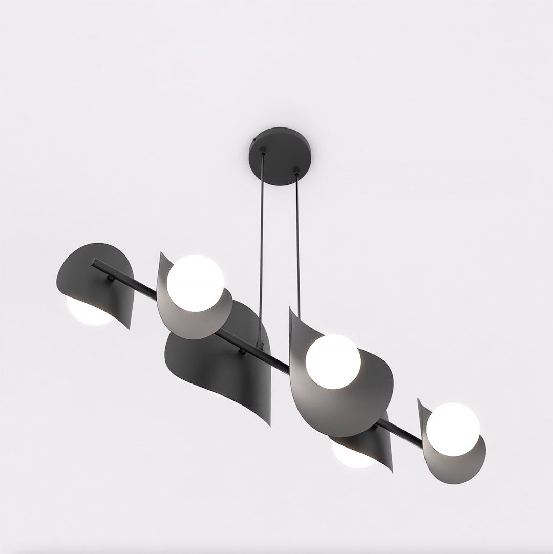 Hanglamp gepoedercoat staal modern zwart met 6 witte kapjes, 87 x 23 x 120 cm, boven eettafel of kookeiland