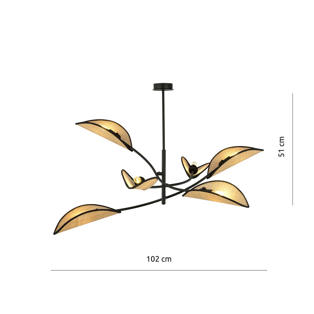 Plafondlamp Lotus gepoedercoat staal en rotan, boho, zwart met naturel kappen, 6 lichtpunten, 102 x 51 cm