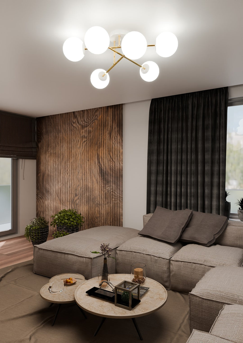 Plafondlamp gepoedercoat staal en glas Magnum, wit en goud, 6 lichts, 75 cm breed, woonkamer en eettafel