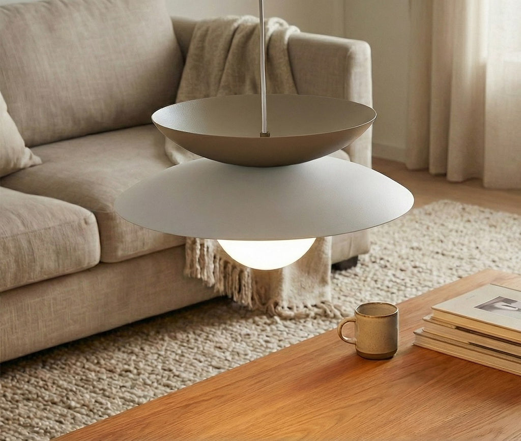 Hanglamp gepoedercoat staal en glas, Scandinavisch Nagoya, beige en wit, 41 x 41 cm, voor eettafel en slaapkamer
