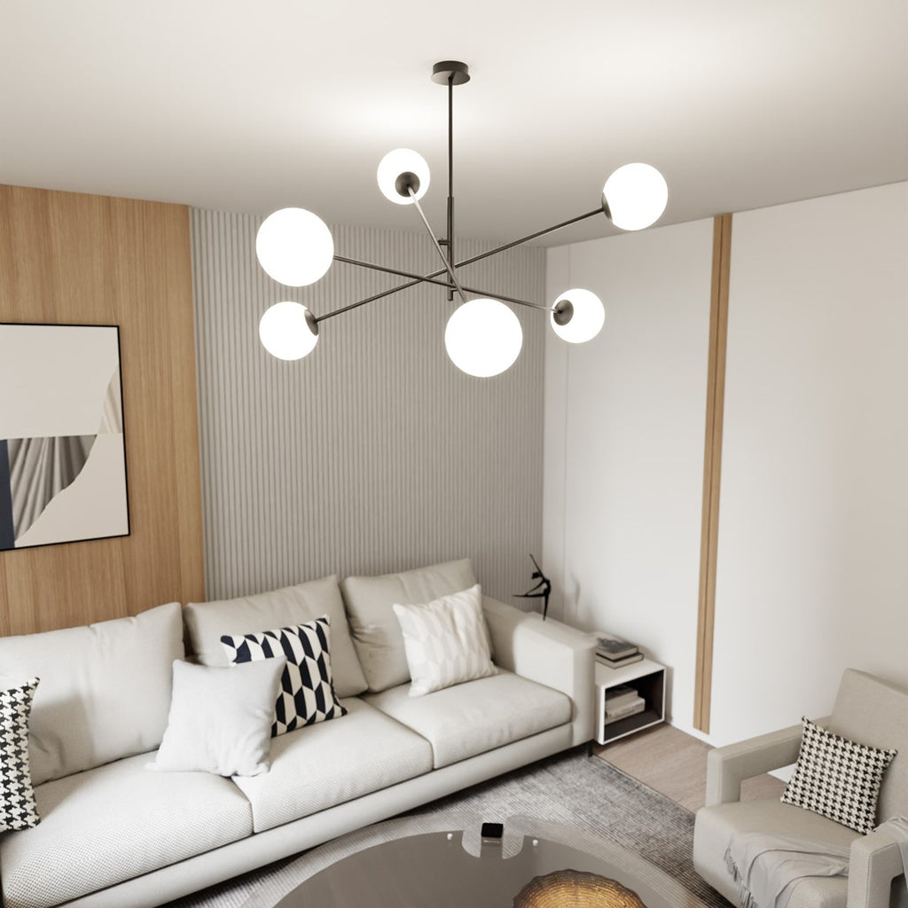 Hanglamp 6 lichts gepoedercoat staal en glas, modern, zwart met wit opaal glas, 102 x 51 cm, eettafel en keuken