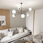 Hanglamp 6 lichts gepoedercoat staal en glas, modern, zwart met wit opaal glas, 102 x 51 cm, eettafel en keuken