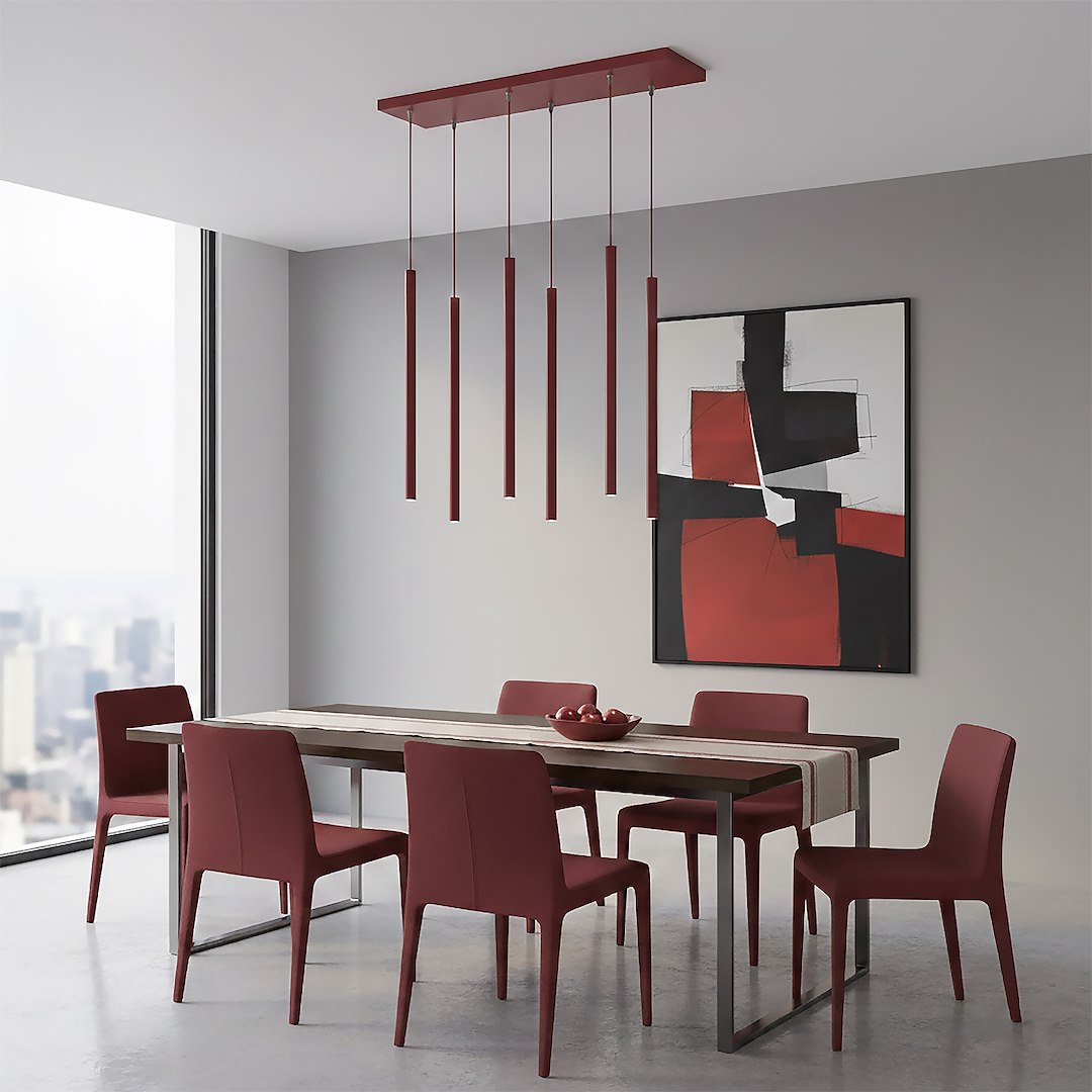 Hanglamp Selter 6 lichts gepoedercoat staal modern bordeaux, 6 fittingen G9, verstelbare hoogte