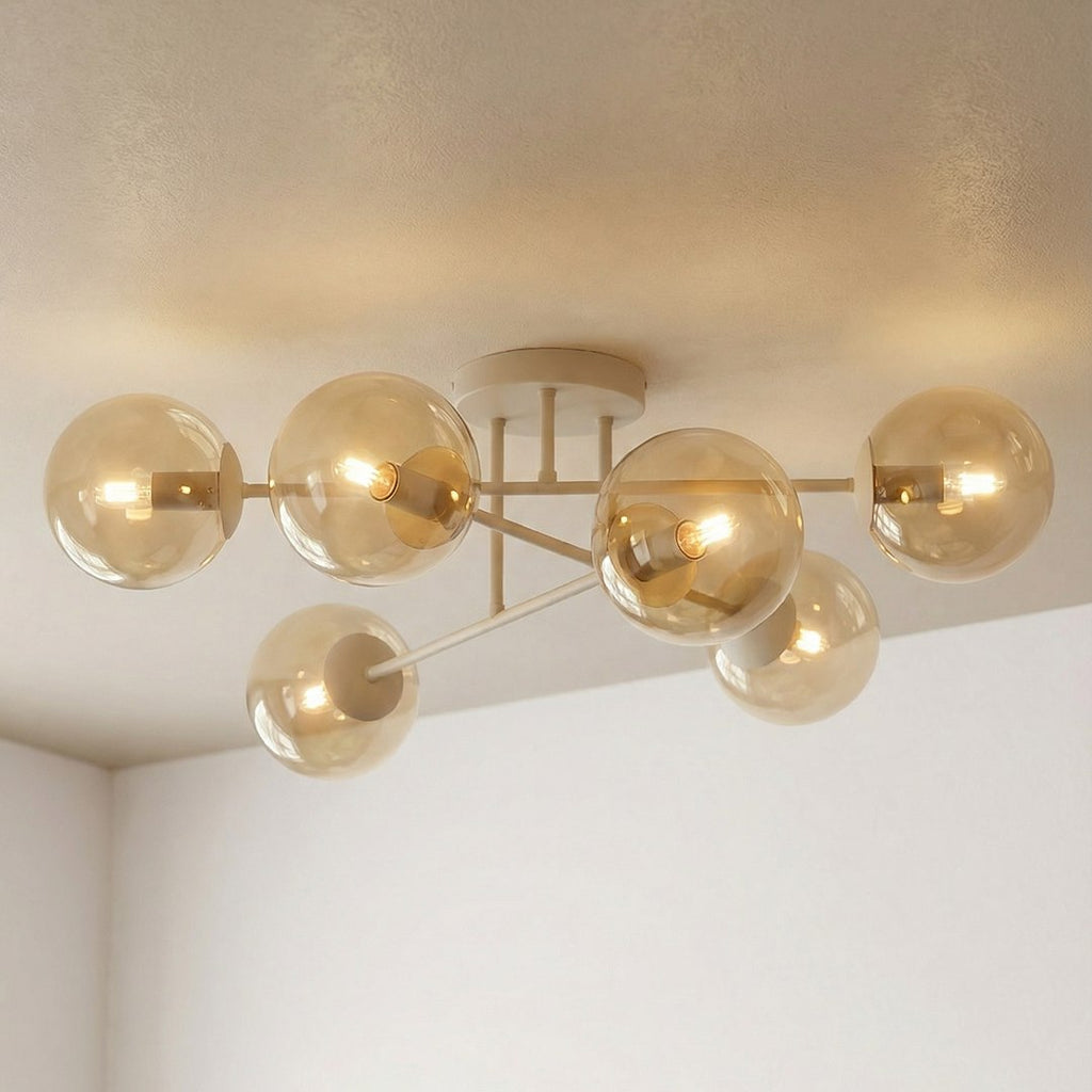 Plafondlamp gepoedercoat staal en glas Roma 6 modern, beige met amber glazen kappen, 6 lichtpunten E14 voor woonkamer