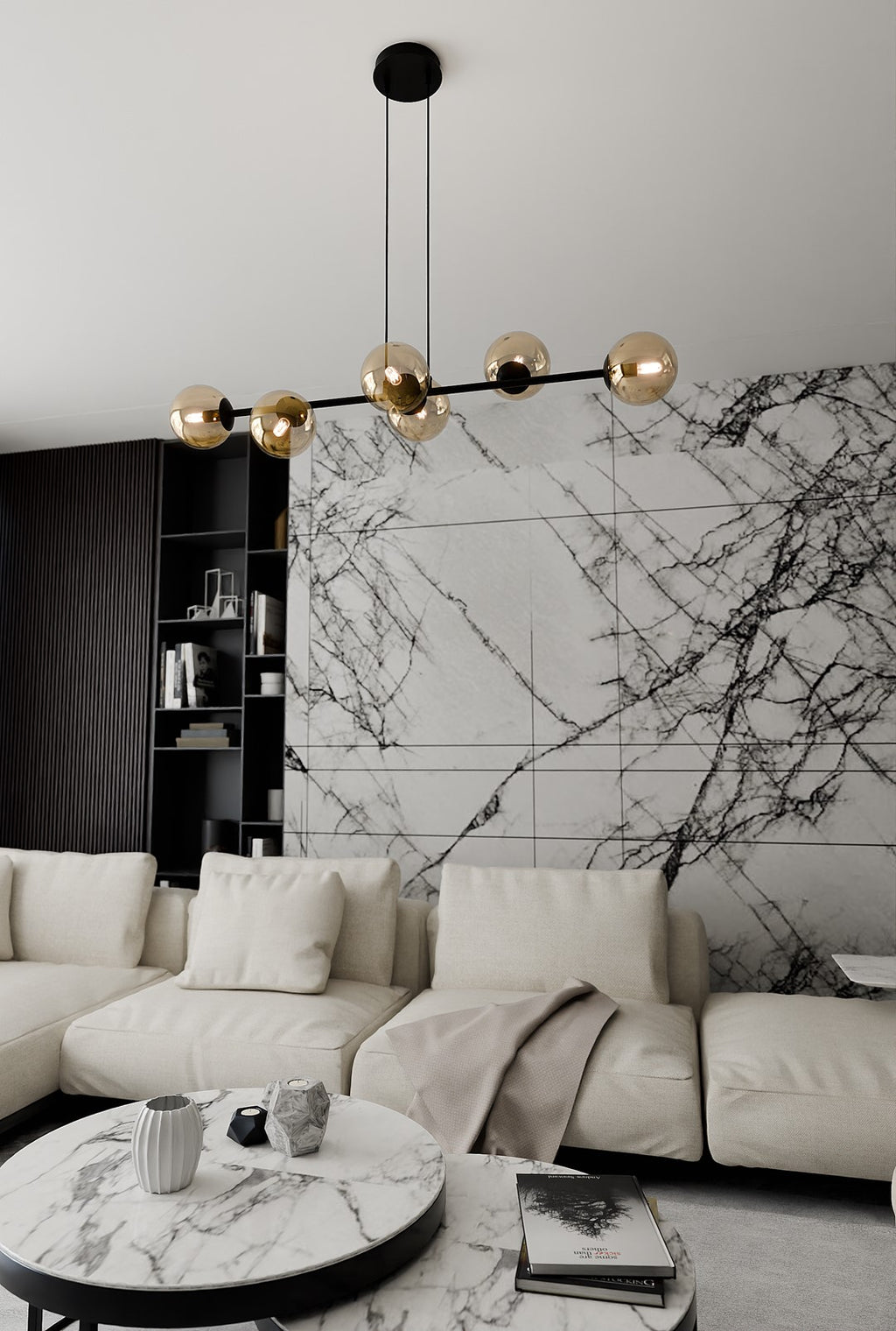 Hanglamp gepoedercoat staal en glas Rossi, zwart met amber glas, 6 lichts, 110 x 100 cm, woonkamer en eetkamer