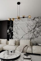 Hanglamp gepoedercoat staal en glas Rossi, zwart met amber glas, 6 lichts, 110 x 100 cm, woonkamer en eetkamer