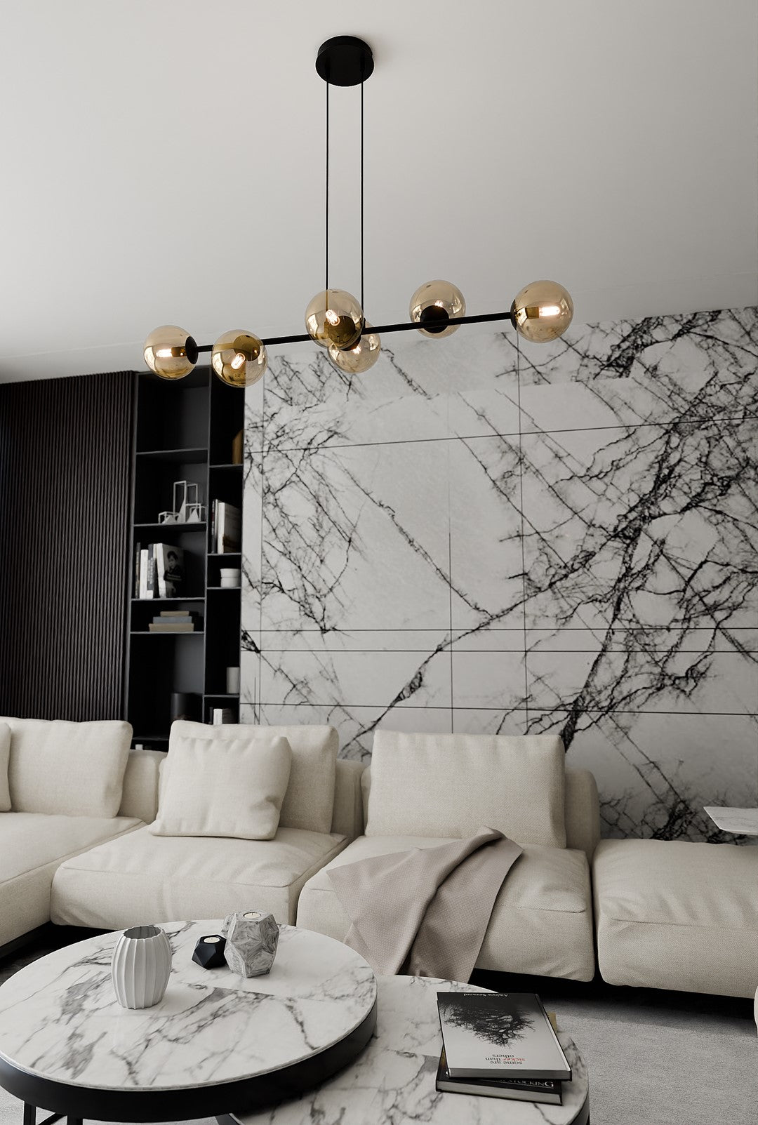 Hanglamp gepoedercoat staal en glas Rossi, zwart met amber glas, 6 lichts, 110 x 100 cm, woonkamer en eetkamer