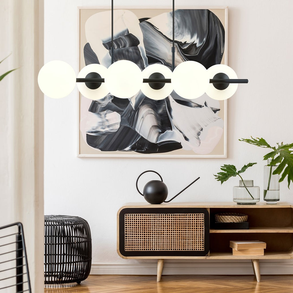 Hanglamp gepoedercoat staal modern Rory 6 zwart met witte glazen kappen, 95 x 110 cm, eettafel en kookeiland