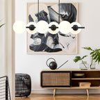 Hanglamp gepoedercoat staal modern Rory 6 zwart met witte glazen kappen, 95 x 110 cm, eettafel en kookeiland