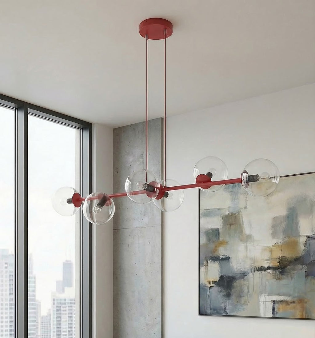 Hanglamp gepoedercoat staal en glas Magnus, bordeaux met transparante glazen kappen, 6 lichts, 110 cm breed
