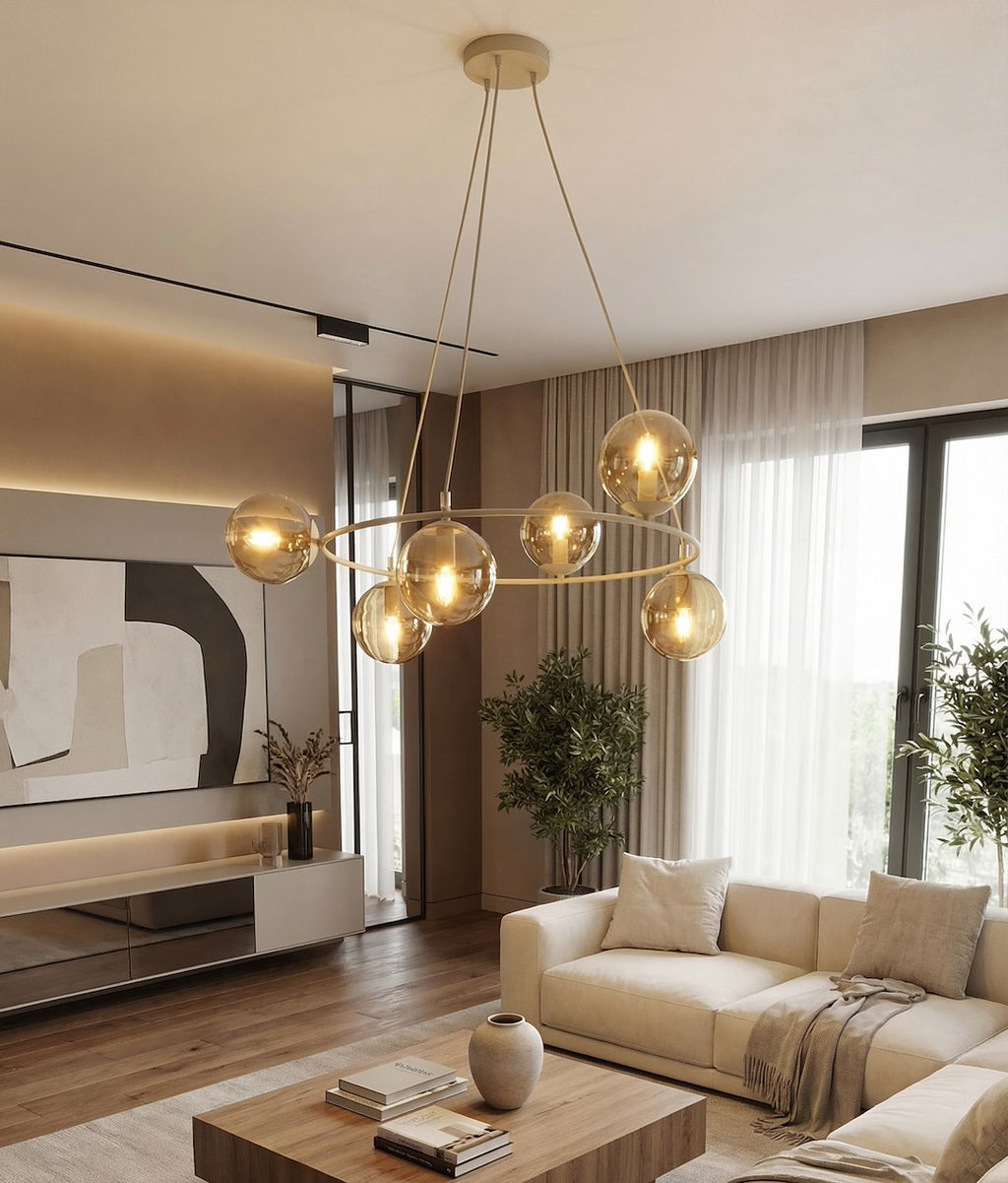Hanglamp gepoedercoat staal en glas Azura, beige met amberkleurige glazen bollen, 6 lichts, 75 x 75 cm