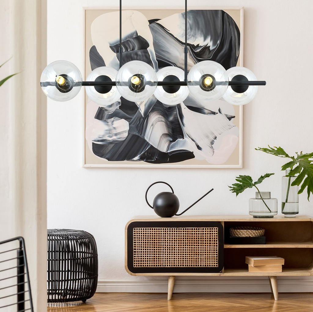 Hanglamp Rory gepoedercoat staal en glas, zwart met transparante kappen, 6 lichts, 95 x 110 cm, eettafel