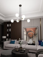 Hanglamp gepoedercoat staal en glas Ognis, zwart met witte glazen kappen, 6 lichtpunten, E27, eettafel en hal