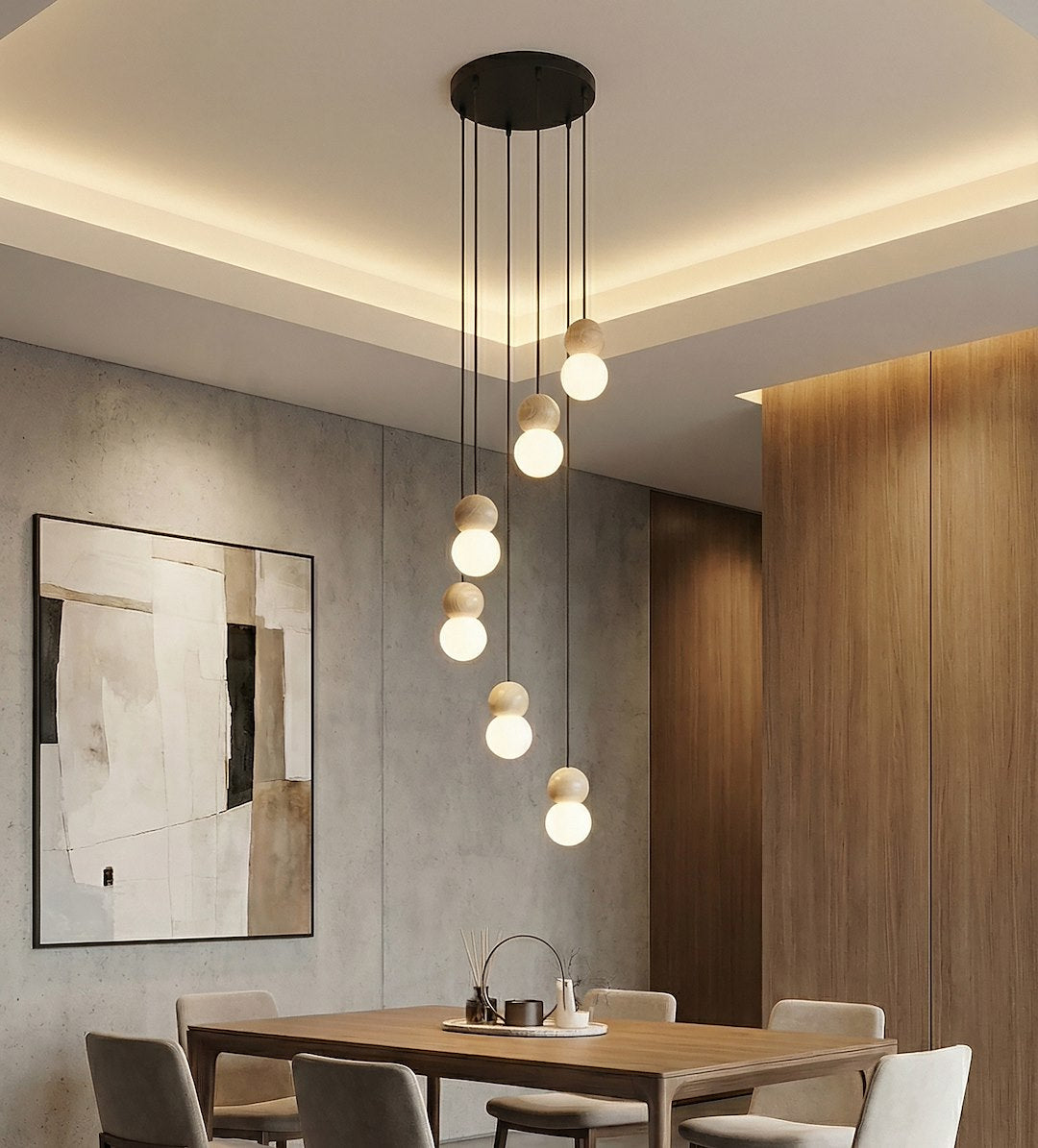 Hanglamp gepoedercoat staal en hout Loop, Scandinavisch zwart, 6 fittingen G9, witte kap Ø 10 cm, eettafel