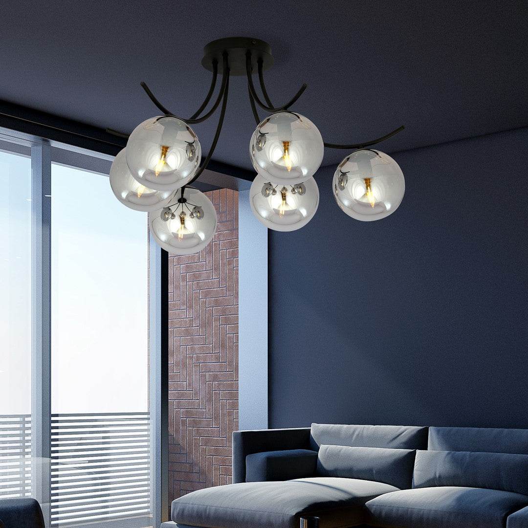 Plafondlamp gepoedercoat staal en glas Boston, zwart met grafiet kappen, 6 lichts, 70 cm breed, woonkamer