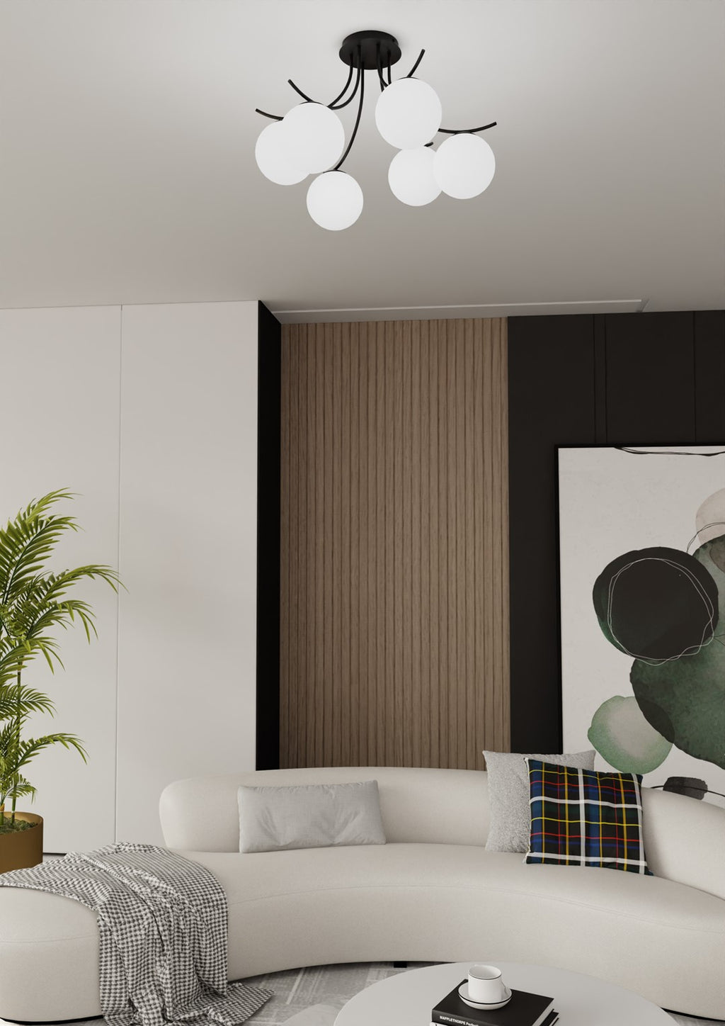 Plafondlamp Boston gepoedercoat staal en glas, zwart met witte kappen, 6 lichts, 70 x 37 cm