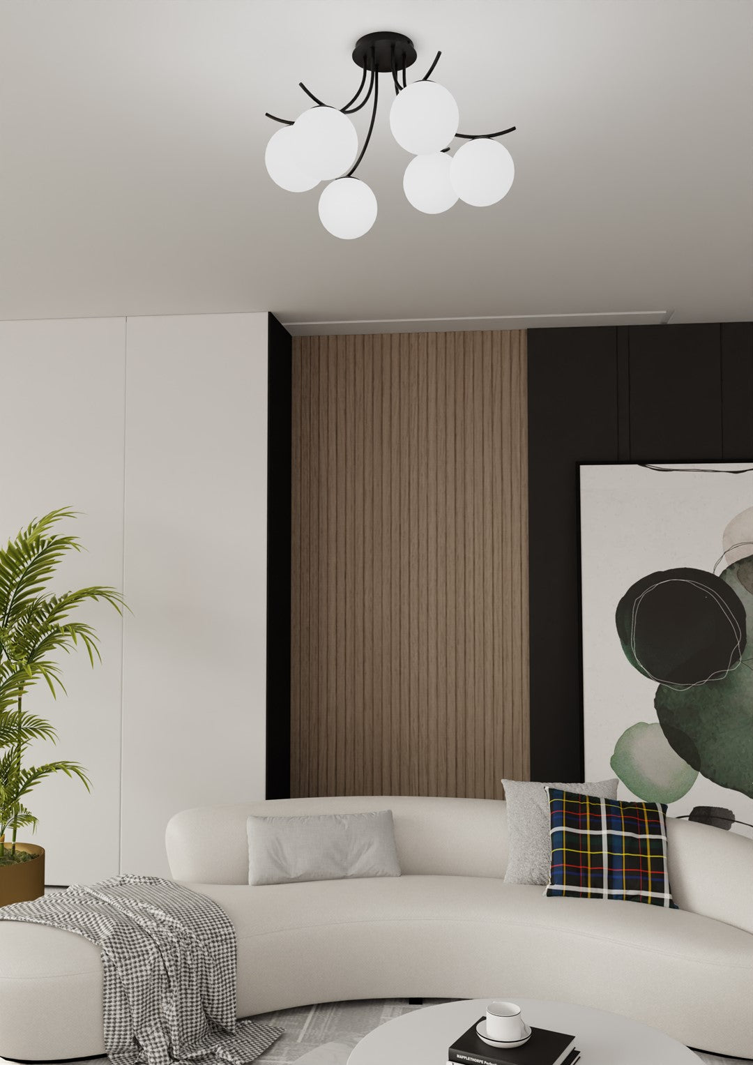 Plafondlamp Boston gepoedercoat staal en glas, zwart met witte kappen, 6 lichts, 70 x 37 cm