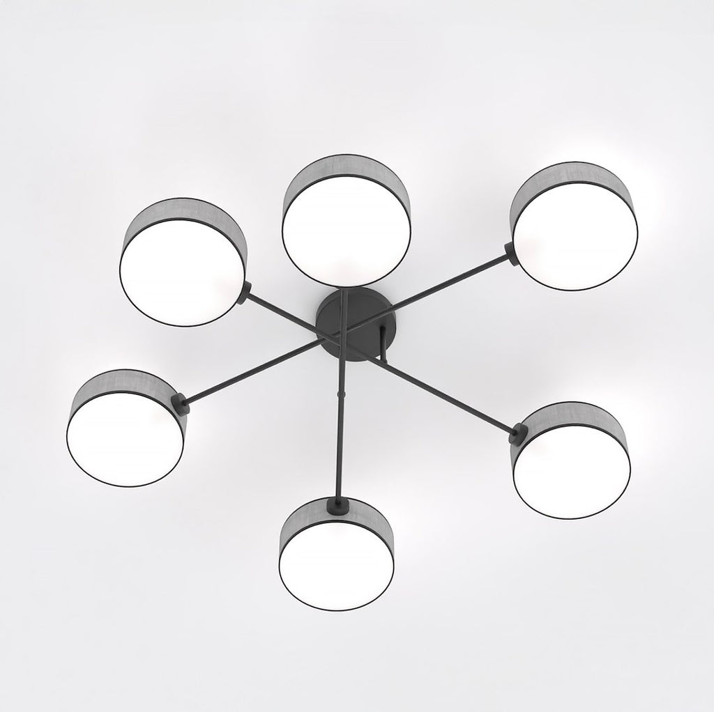 Plafondlamp gepoedercoat staal Japandi Maga 6 grijs, 6 lichts met stoffen kappen 105 x 105 cm voor woonkamer