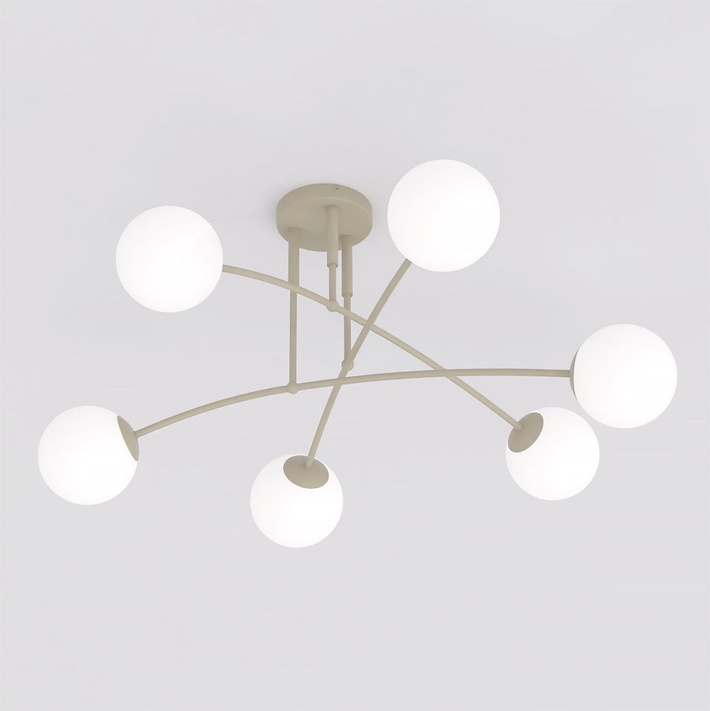 Plafondlamp gepoedercoat staal en glas, modern, beige met witte glazen kappen, 6 lichtpunten, 70 x 60 cm