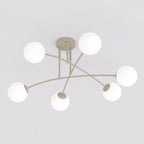 Plafondlamp gepoedercoat staal en glas, modern, beige met witte glazen kappen, 6 lichtpunten, 70 x 60 cm