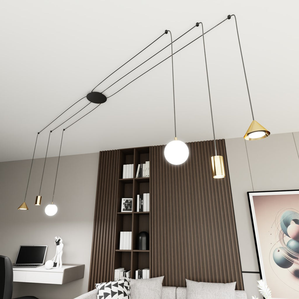 Hanglamp spider gepoedercoat staal modern goud en zwart, Fuji 6 lichts, verstelbare hoogte